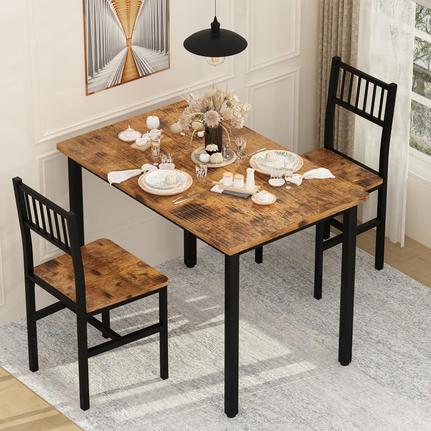 AWQM Piece Dining Table Set, Industrial Kitchen Table and 2 Chairs with Metal Frame, Dining Room Table Set, Breakfast Table Set for Small Space, Dining Room, Kitchen, Rustic Brown