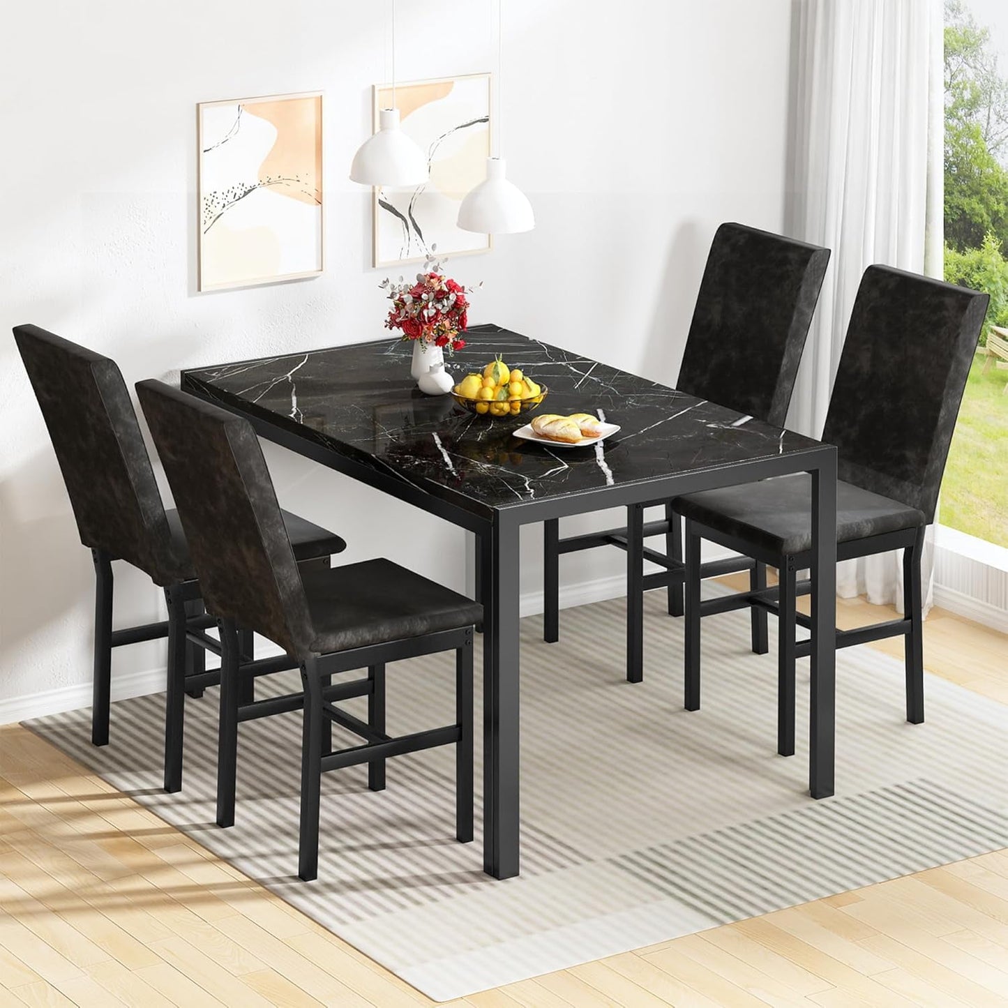 AWQM Products 5-Piece Marble Dining Set, Modern Kitchen Table and Chairs for Dining Room, Dinette, Compact Space Saving Furniture, 4 Upholstered Velvet Chairs - Black