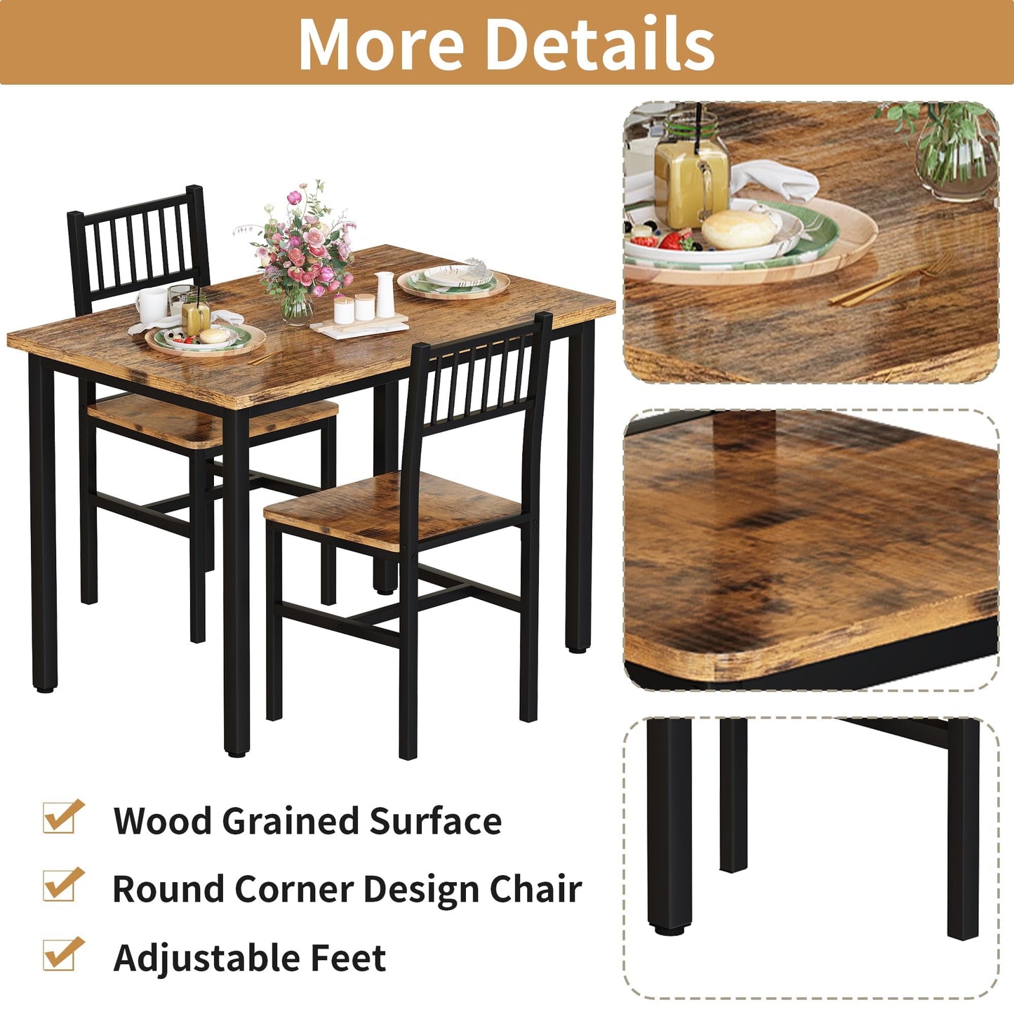 AWQM Piece Dining Table Set, Industrial Kitchen Table and 2 Chairs with Metal Frame, Dining Room Table Set, Breakfast Table Set for Small Space, Dining Room, Kitchen, Rustic Brown