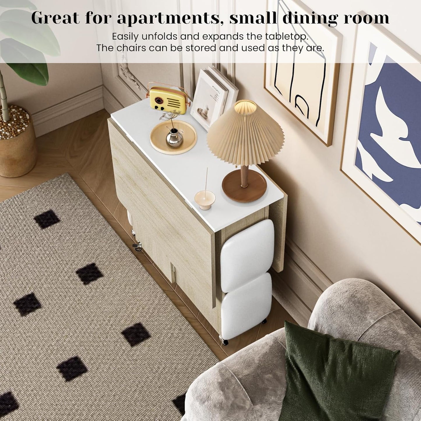 AWQM Folding Dining Table Set for 4, Dinner Table with 4 Leather Chairs and Shelves, Space Saving Foldable Dining Table with 6 Wheels, Kitchen Table Set for Small Spaces (Off-White)