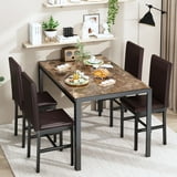 AWQM Dining table set for 4 with modern faux marble table top and 4 PU leather upholstered chairs, compact space saving dining table for apartment, kitchen, dining room, breakfast corner, brown