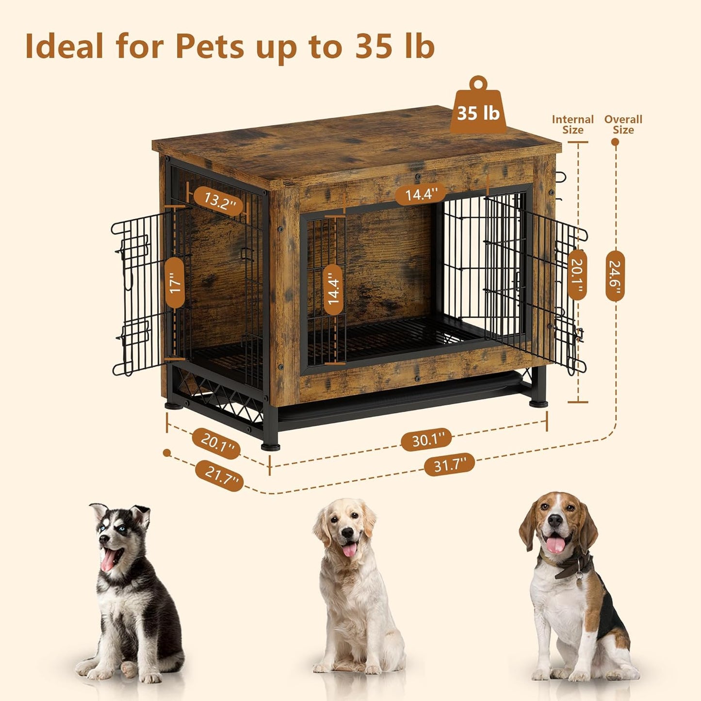 AWQM wooden dog crate furniture with pull out tray, three door dog kennel