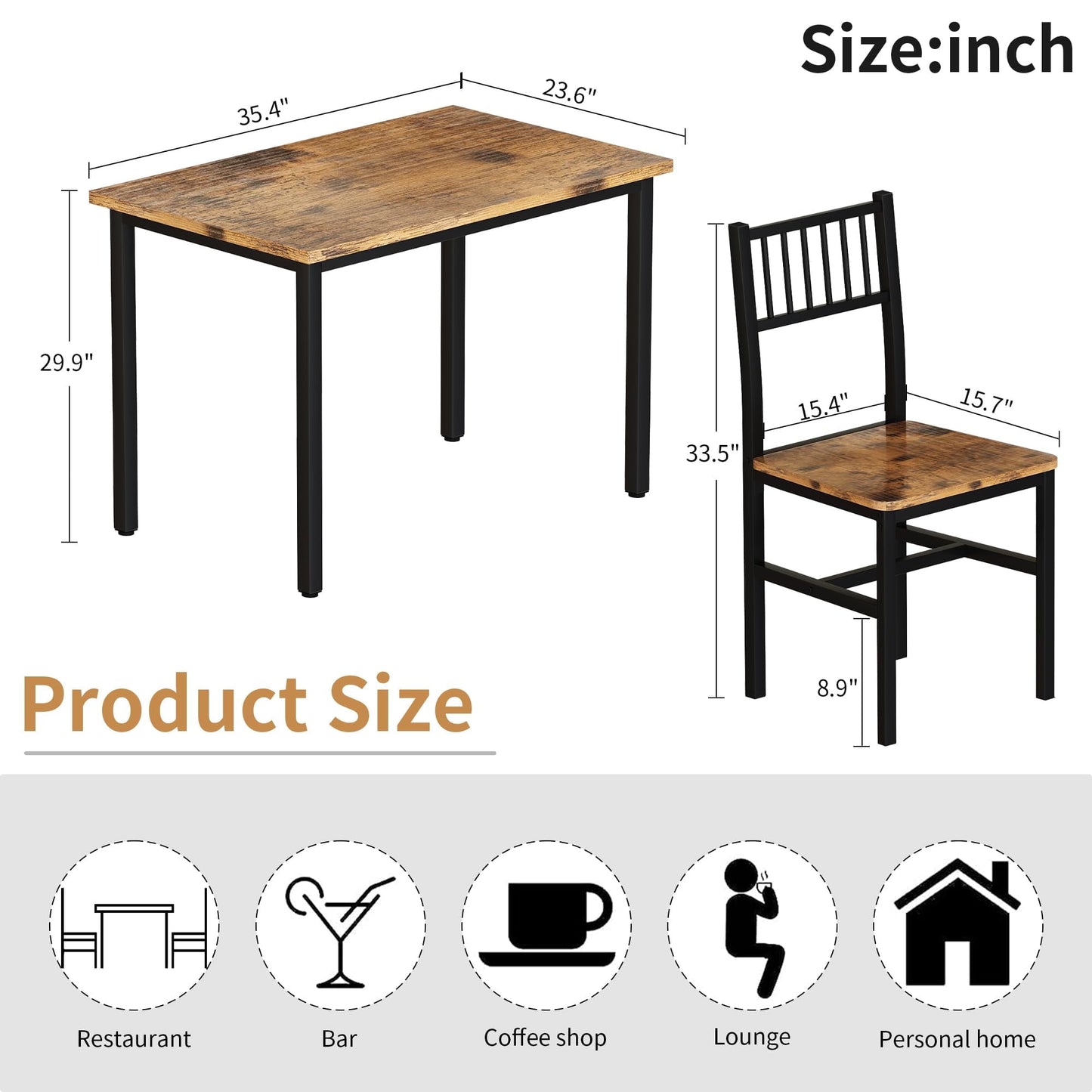 AWQM Piece Dining Table Set, Industrial Kitchen Table and 2 Chairs with Metal Frame, Dining Room Table Set, Breakfast Table Set for Small Space, Dining Room, Kitchen, Rustic Brown