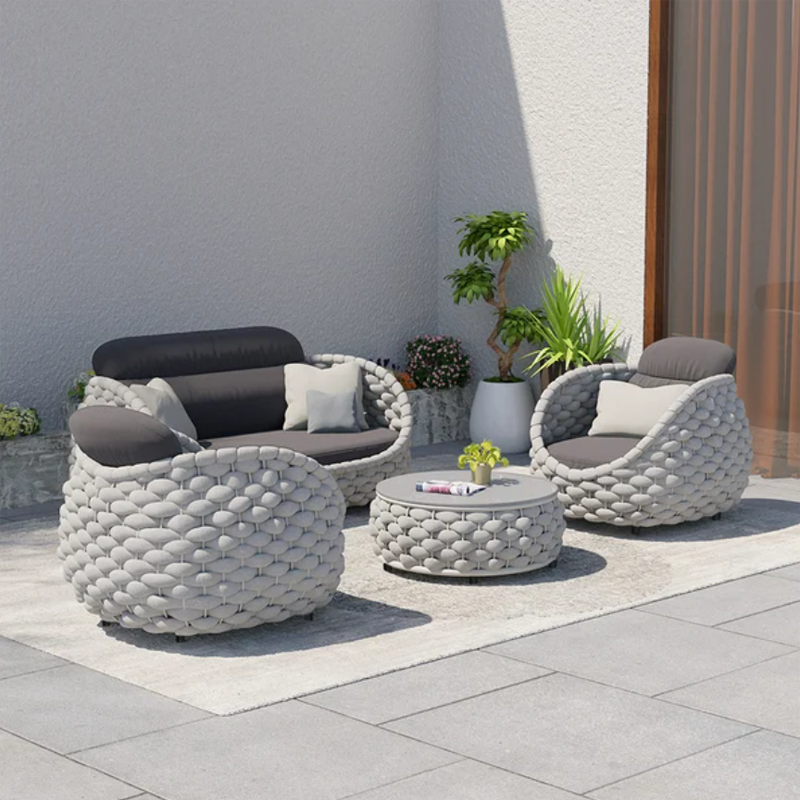 AWQM 4 Persons Teslint Rope Weave Outdoor Sectional Sofa Set with Round Coffee Table Set of 4