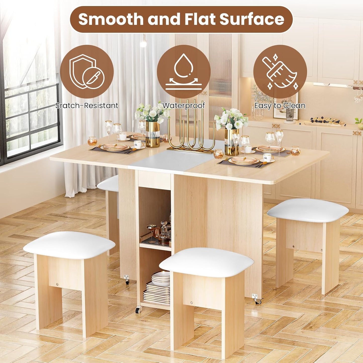 AWQM Folding Dining Table Set for 4, Dinner Table with 4 Leather Chairs and Shelves, Space Saving Foldable Dining Table with 6 Wheels, Kitchen Table Set for Small Spaces