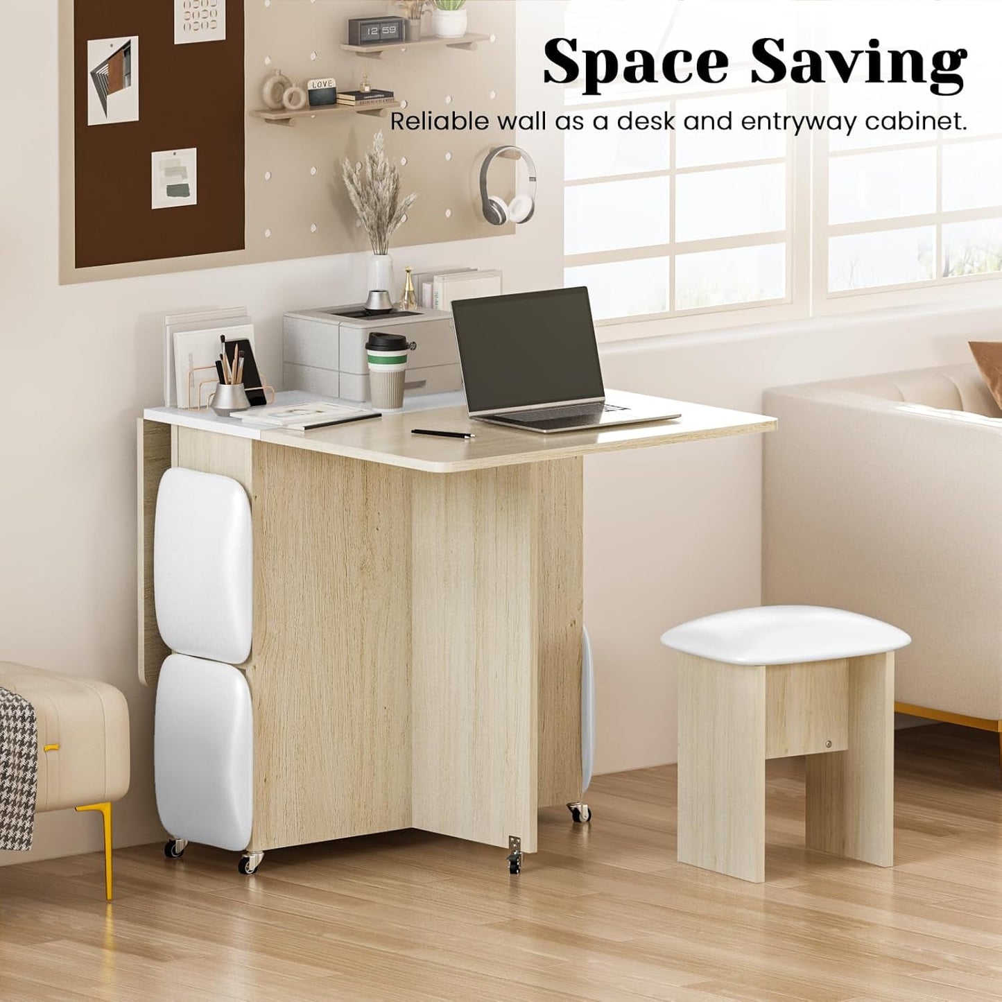 AWQM Folding Dining Table Set for 4, Dinner Table with 4 Leather Chairs and Shelves, Space Saving Foldable Dining Table with 6 Wheels, Kitchen Table Set for Small Spaces (Off-White)