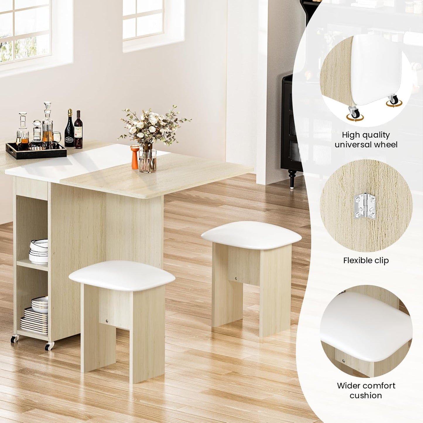 AWQM Folding Dining Table Set for 4, Dinner Table with 4 Leather Chairs and Shelves, Space Saving Foldable Dining Table with 6 Wheels, Kitchen Table Set for Small Spaces (Off-White)