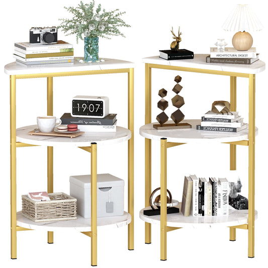 AWQM 17 Inch 3 Tier Marble Side Table with Three Tiers of Storage, Alloy Frame, Sturdy, Suitable for Living Room Bedroom, Next to Sofa, White + Black