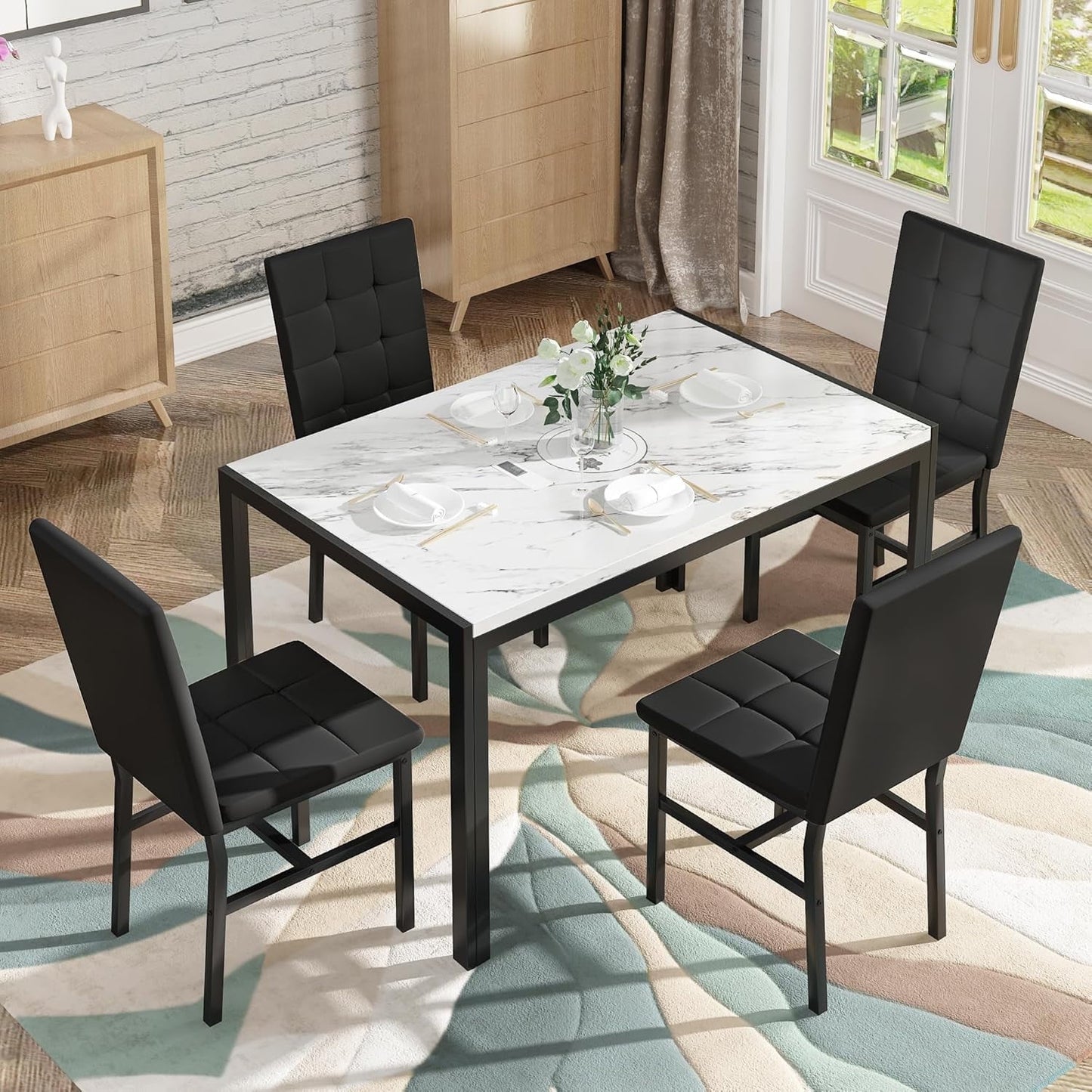 AWQM 4 Person Kitchen Dining Set, Marble Dining Table and Chairs with 4 Plush Upholstered Chairs for Apartments, Kitchens, Dining Rooms, Breakfast Corners, and Small Spaces.