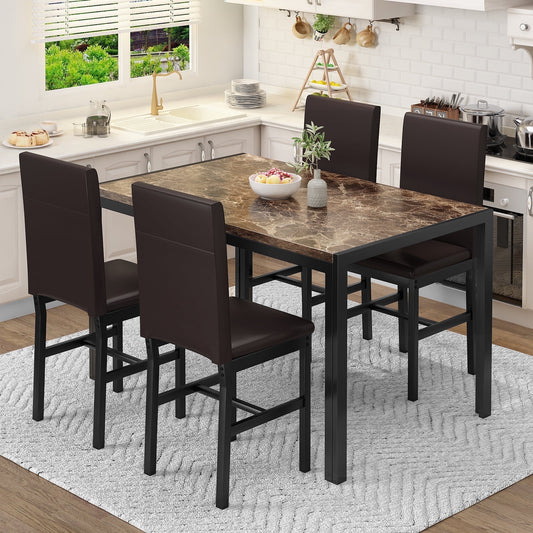 AWQM Dining table set for 4 with modern faux marble table top and 4 PU leather upholstered chairs, compact space saving dining table for apartment, kitchen, dining room, breakfast corner, brown