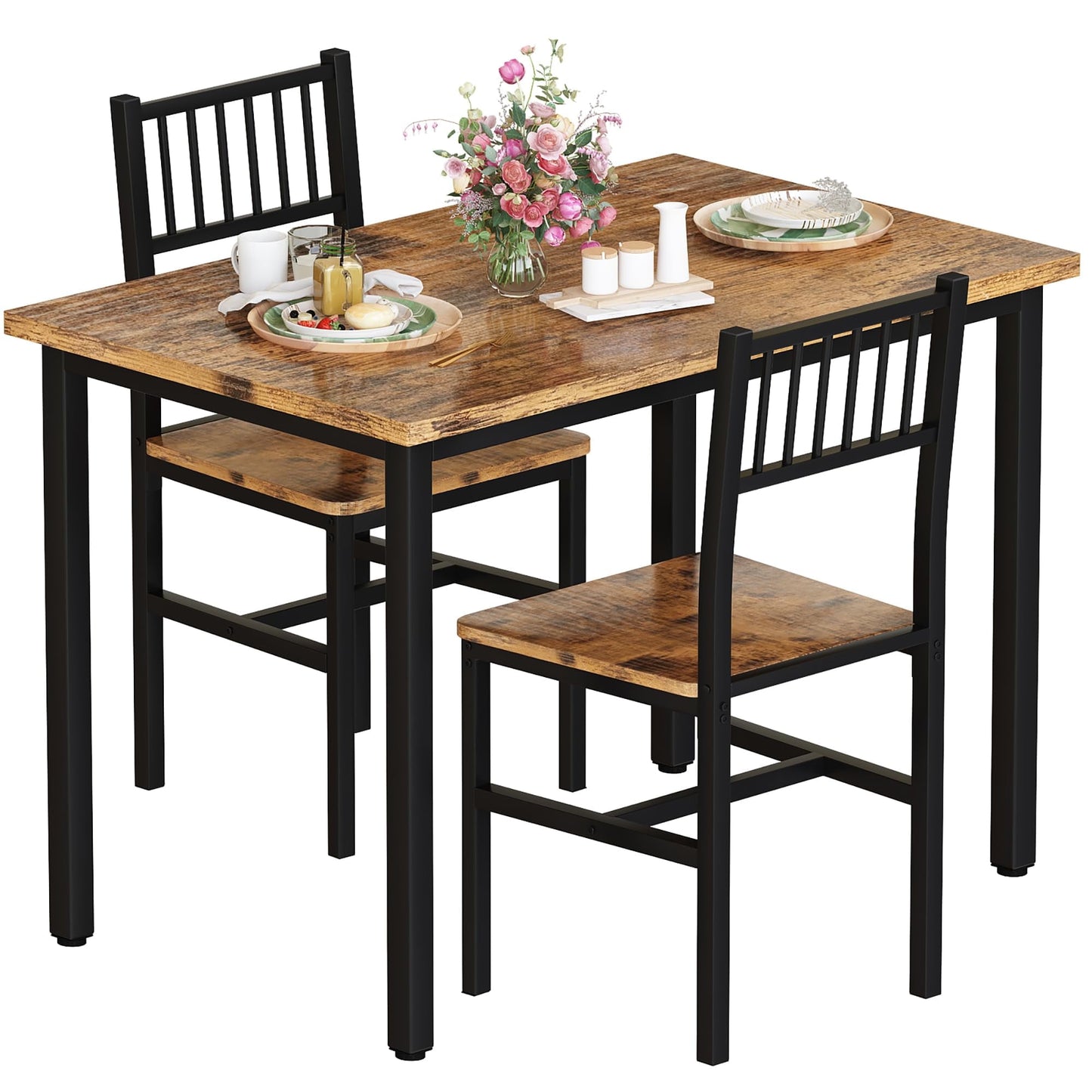 AWQM Piece Dining Table Set, Industrial Kitchen Table and 2 Chairs with Metal Frame, Dining Room Table Set, Breakfast Table Set for Small Space, Dining Room, Kitchen, Rustic Brown