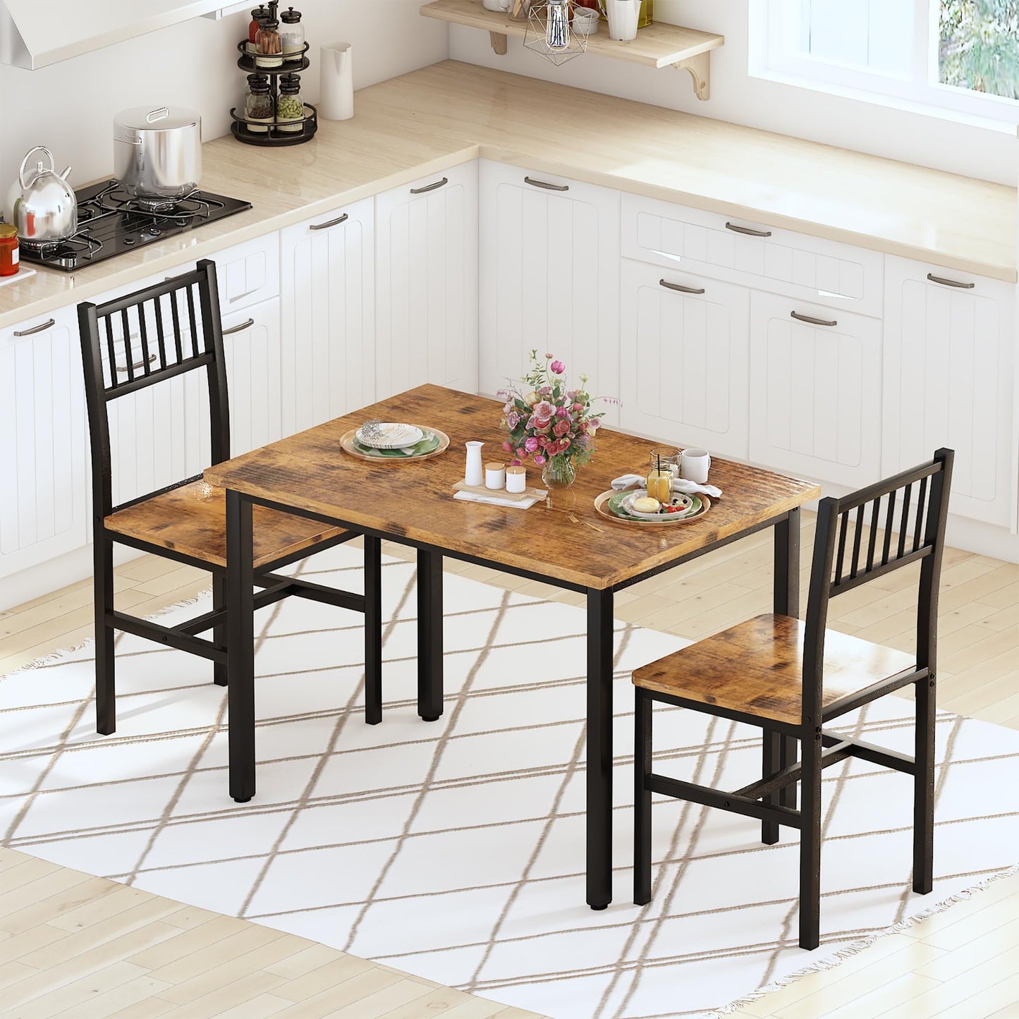 AWQM Piece Dining Table Set, Industrial Kitchen Table and 2 Chairs with Metal Frame, Dining Room Table Set, Breakfast Table Set for Small Space, Dining Room, Kitchen, Rustic Brown