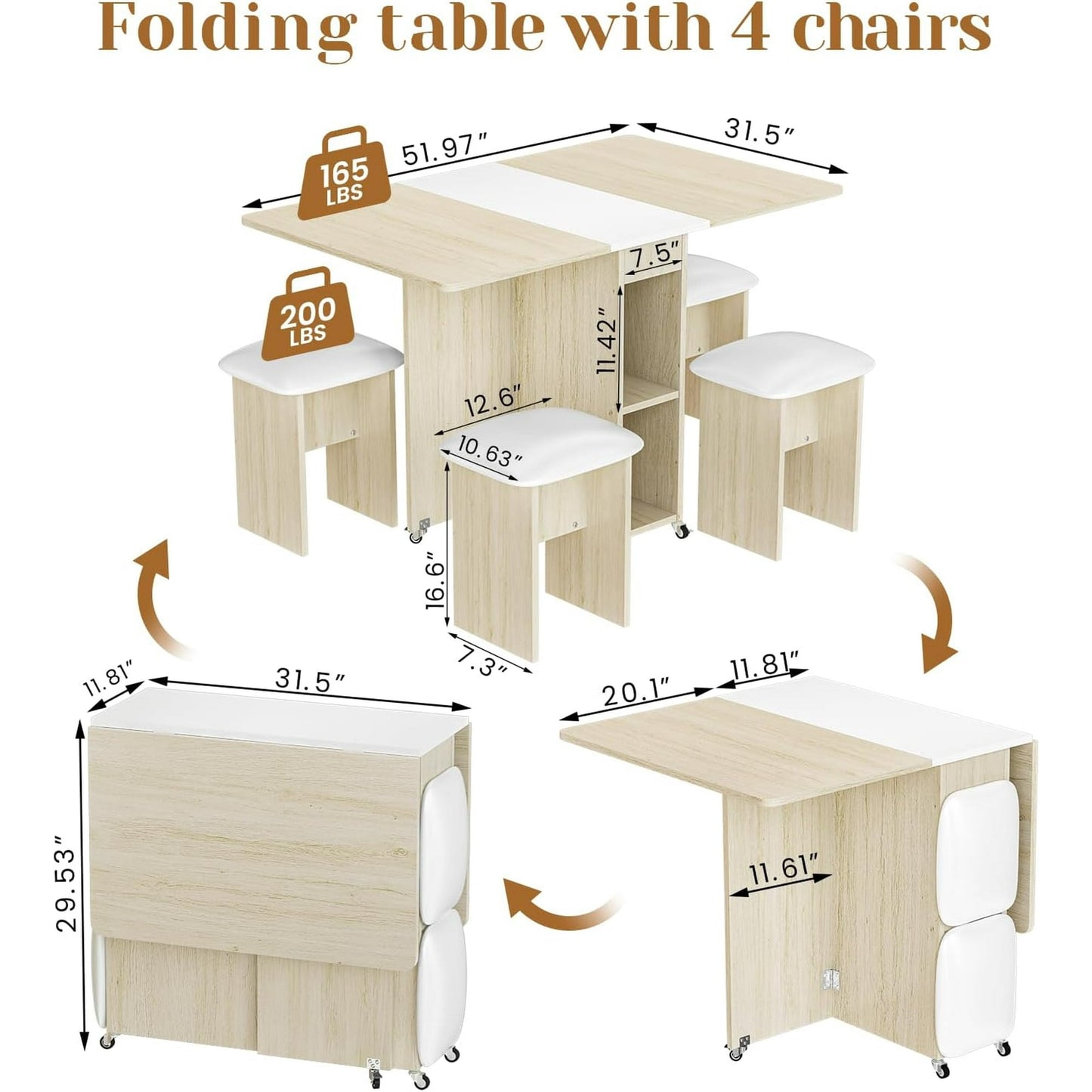 AWQM Folding Dining Table Set for 4, Dinner Table with 4 Leather Chairs and Shelves, Space Saving Foldable Dining Table with 6 Wheels, Kitchen Table Set for Small Spaces (Off-White)