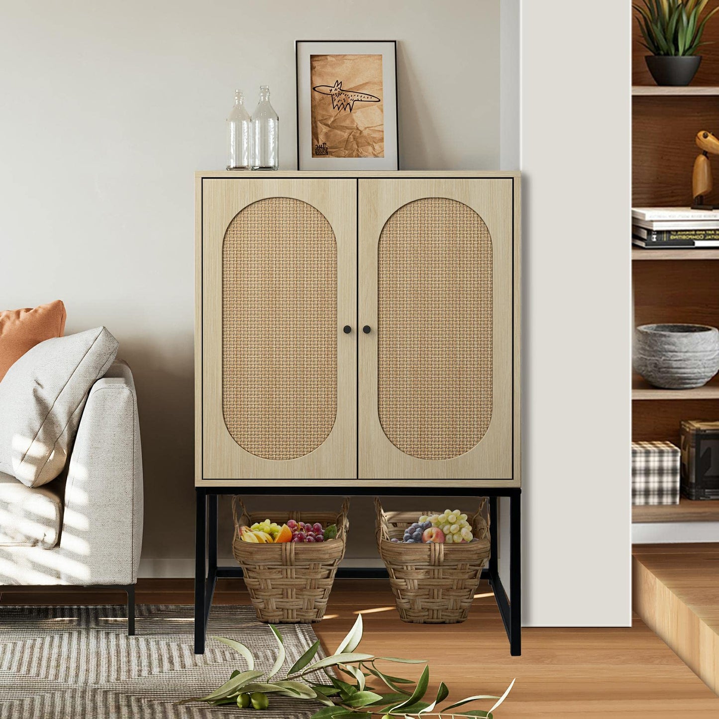 AWQM Rattan Sideboard Buffet Cabinet 2-Piece Set with Door Storage
