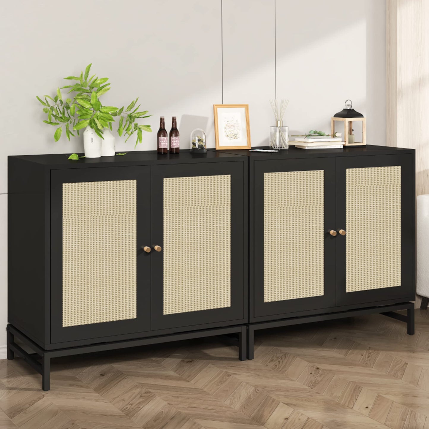 AWQM Industrial Wooden Door Rattan Storage Cabinet Metal Legs