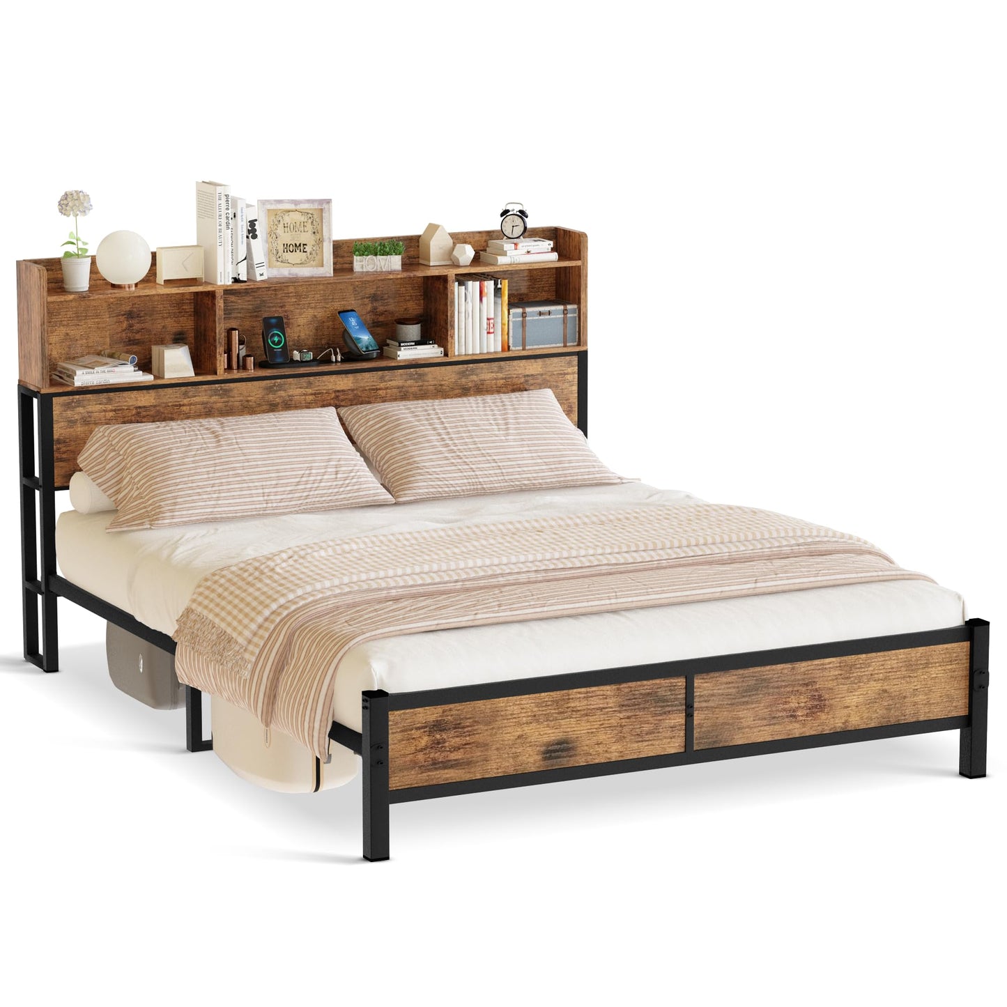 AWQM Industrial Wood Bed Frame, Storage Headboard and Charging Station