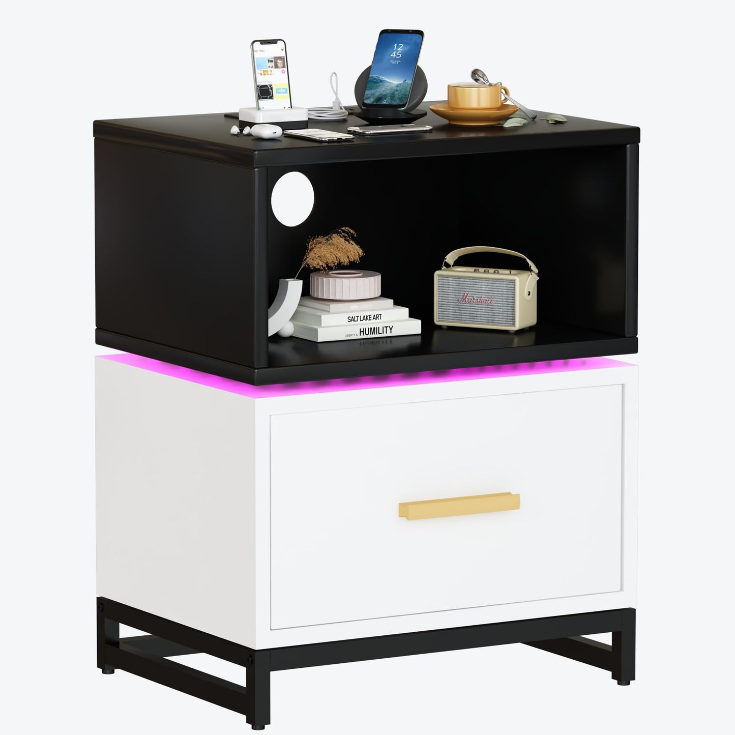 AWQM Nightstand with Charging Post, Modern 7 Color LED Nightstand