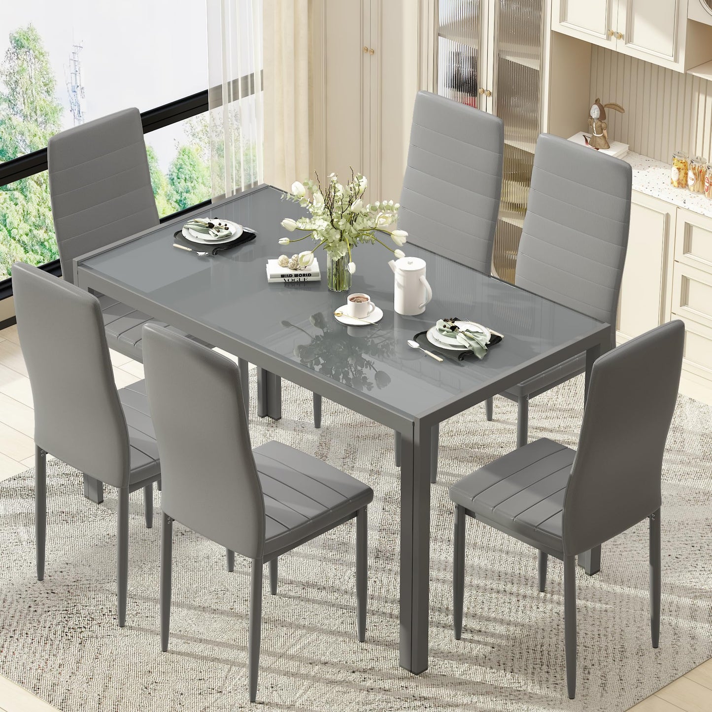 AWQM Glass Dining Table, Set of 7, Dining Table for 6