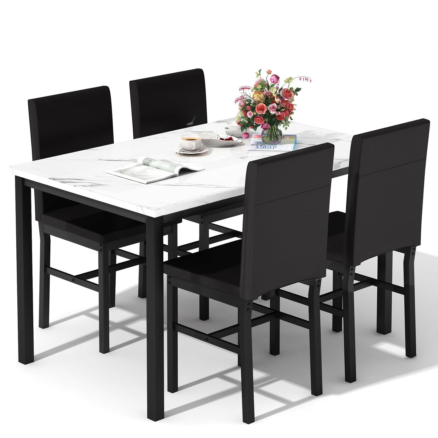 AWQM Modern Faux Marble 4 Person Dining Table Set, Space Saving 5 Piece Dining Table Set.