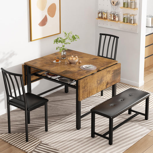 AWQM Industrial Wood 4-Piece Faux Wood Folding Leaf Dining Table Set with Storage Rack