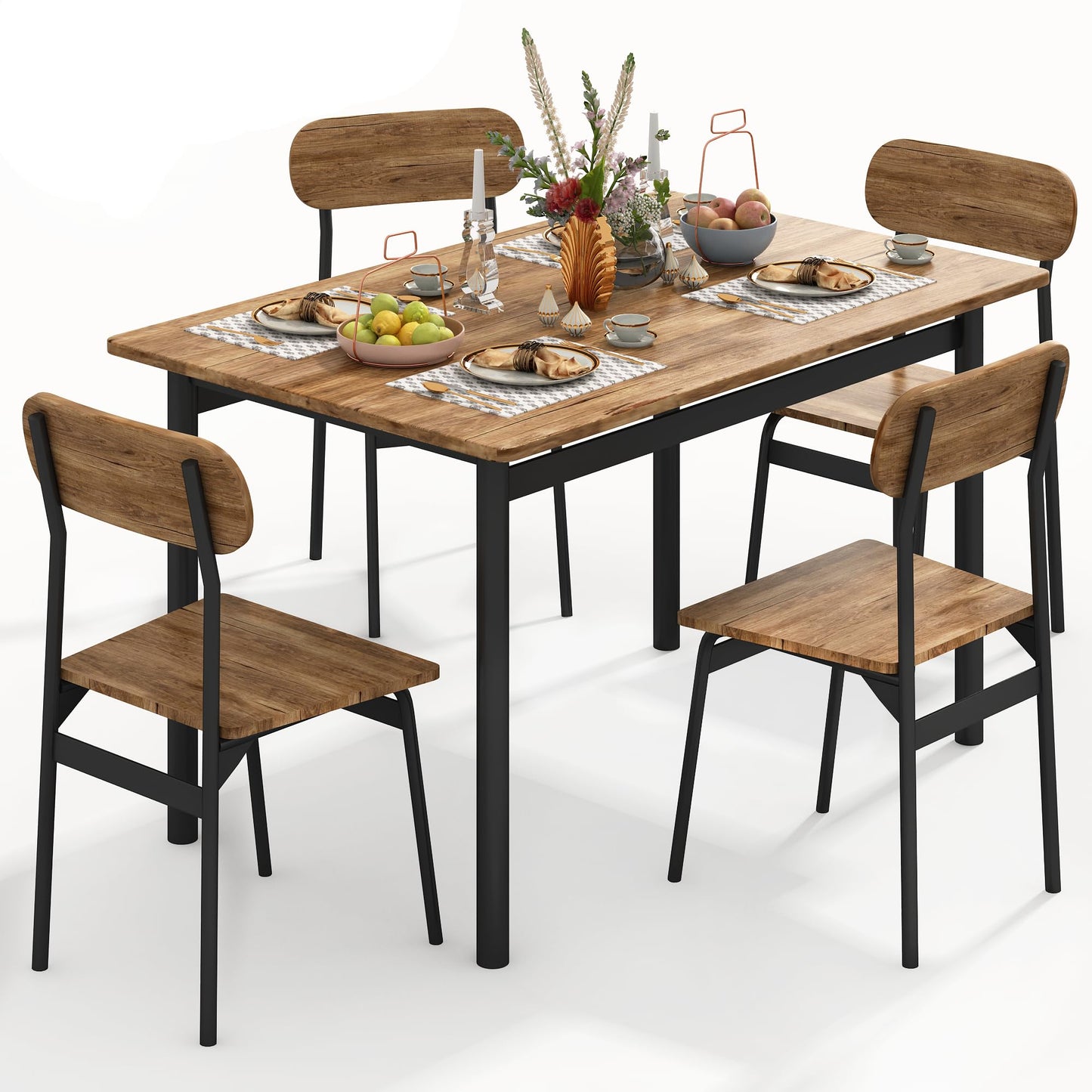 AWQM Industrial Wood Metal Dining Table Set 4 Person Dining Table