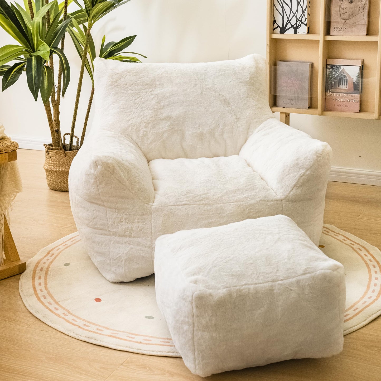 AWQM Bean Bag Chair with Footstool, Bean Bag Chair with Padded Arms