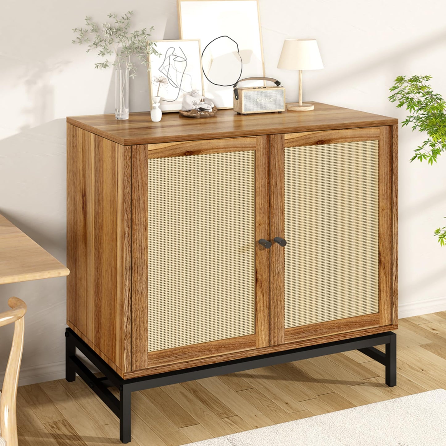 AWQM Industrial Wooden Door Rattan Storage Cabinet Metal Legs