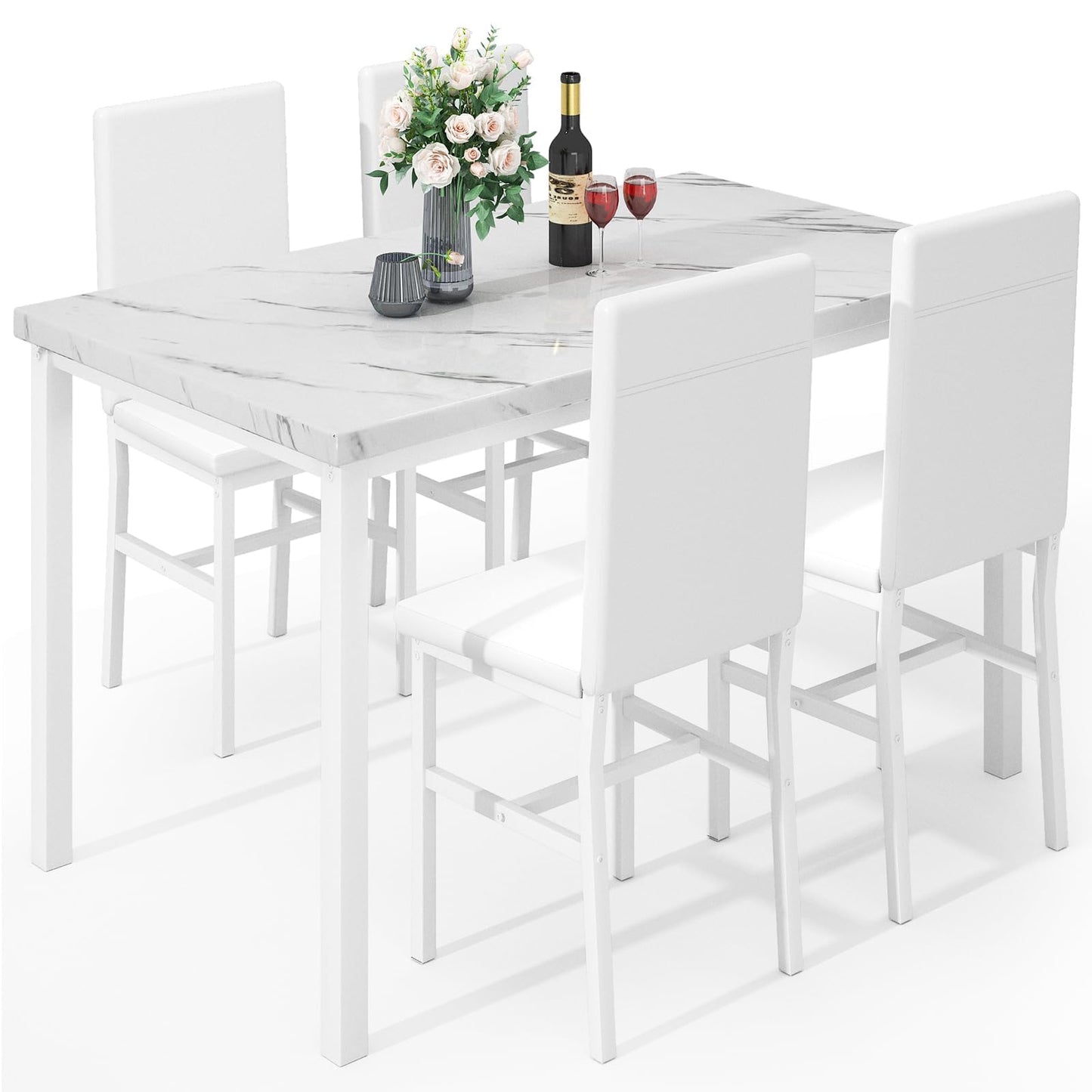 AWQM marble dining table set 4 PU leather chairs 4 person dining table and chairs