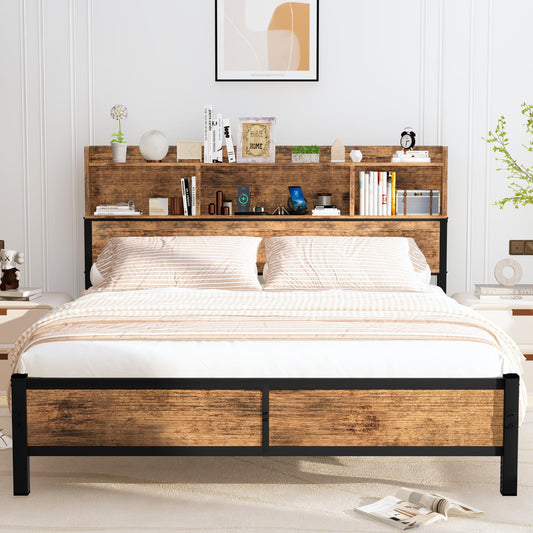 AWQM Industrial Solid Wood Queen Size Bed Frame with Charger