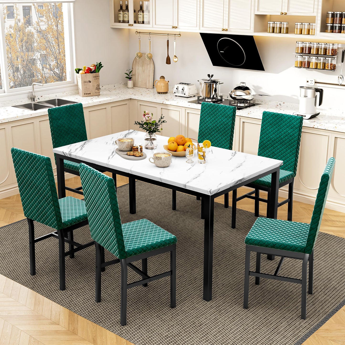 AWQM Modern Marble Kitchen Dining Table and Chairs 6 Person Dining Velvet Stools