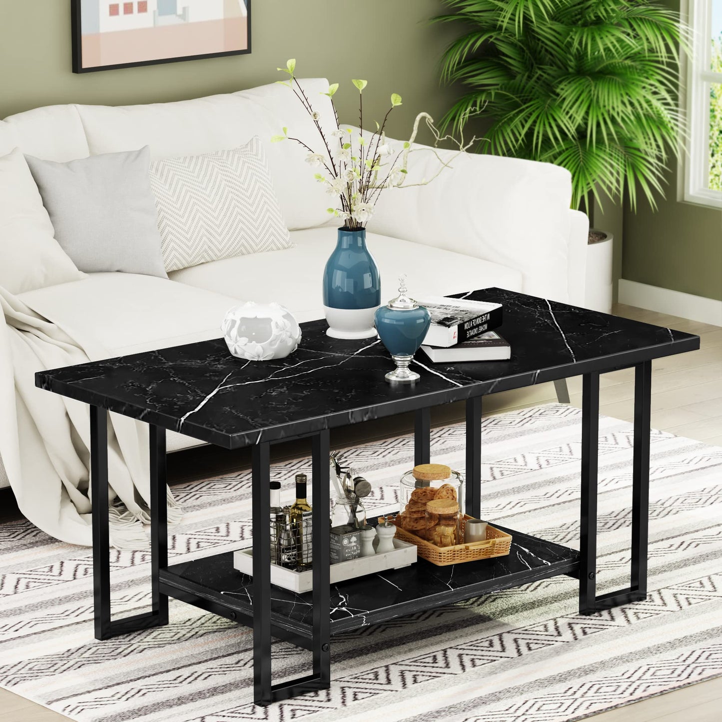 AWQM Marble Coffee Table, Faux Marble Top Rectangular Coffee Table