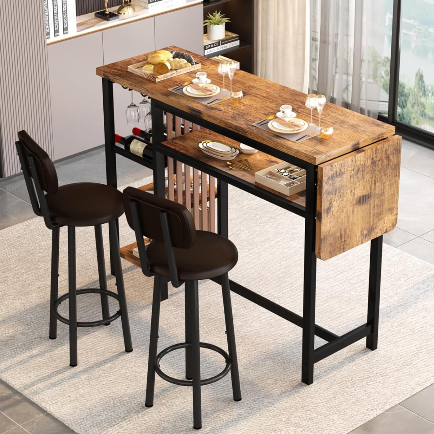 AWQM industrial wood bar table and chairs set, dining table for 2