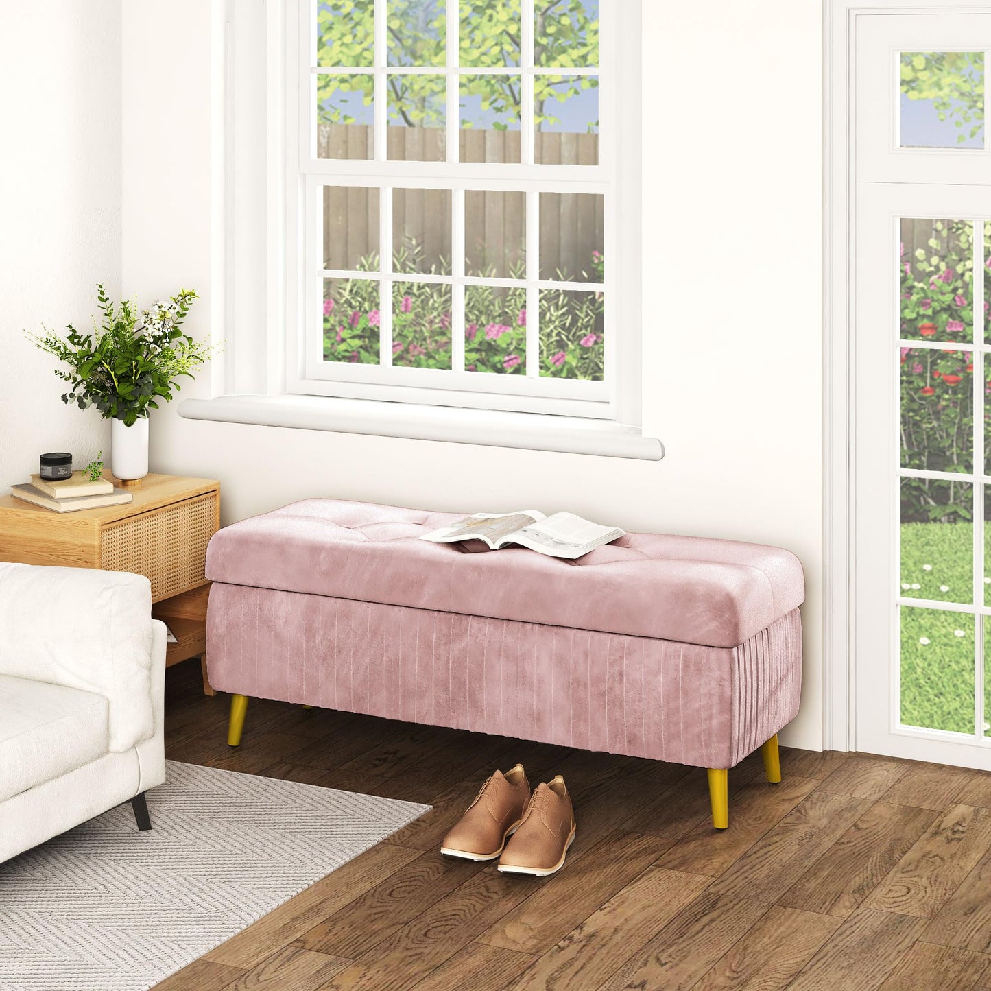 AWQM Tufted Storage Ottoman, Velvet Upholstered Storage Ottoman