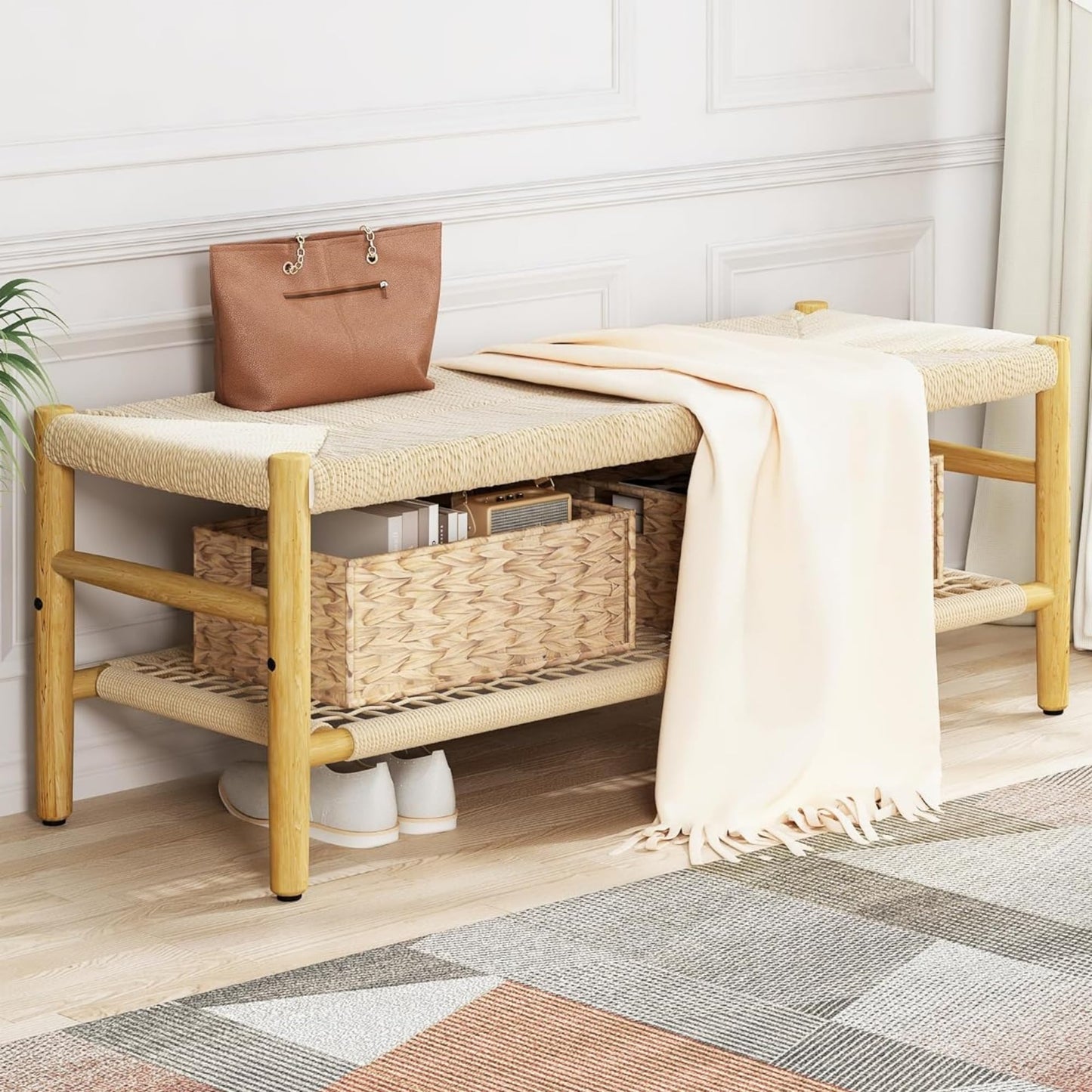 AWQM Entryway Storage Bench with Net Shelf and 2 Baskets