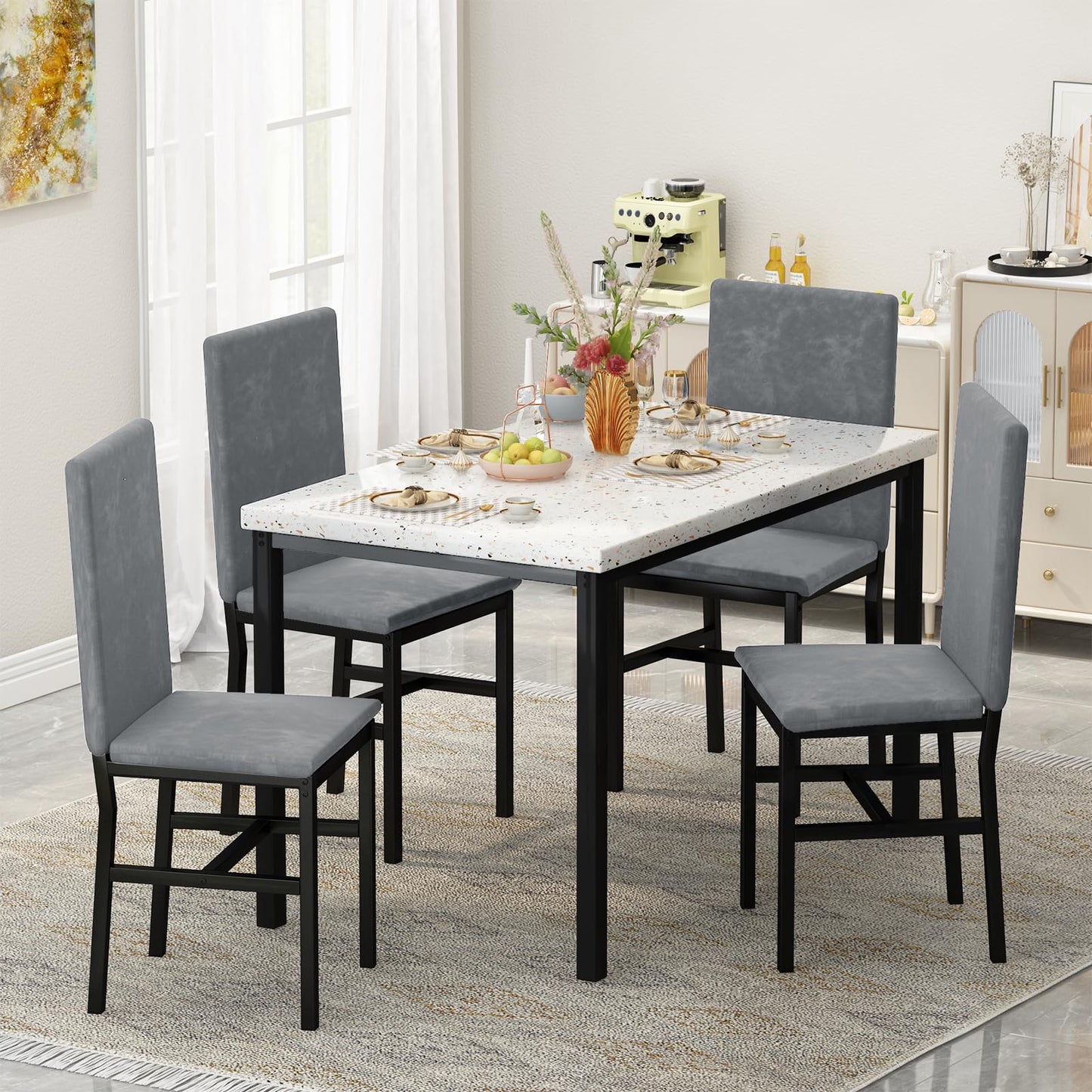 AWQM Modern Style Faux Marble Velvet Chairs Dining Table for 4