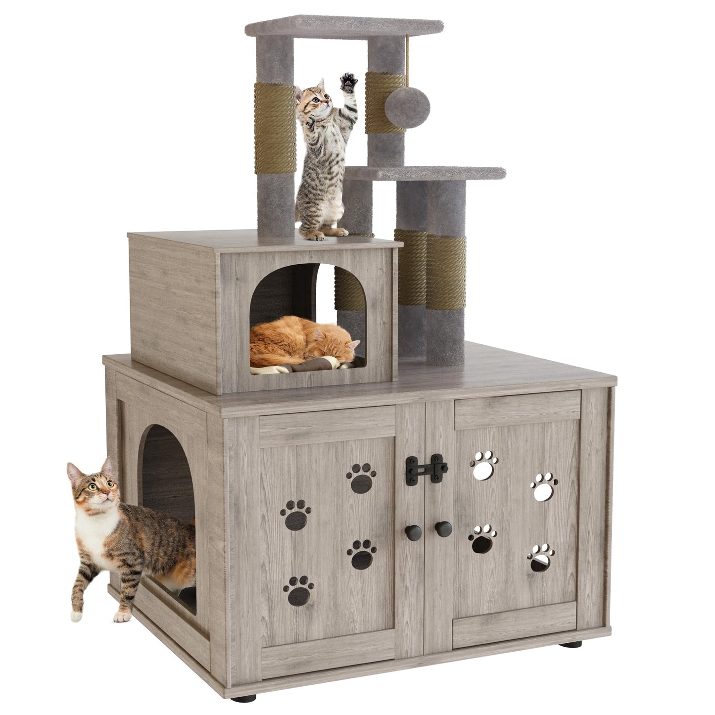 AWQM Cat Tree with Litter Box Enclosure, Bulkhead Concealed Litter Box