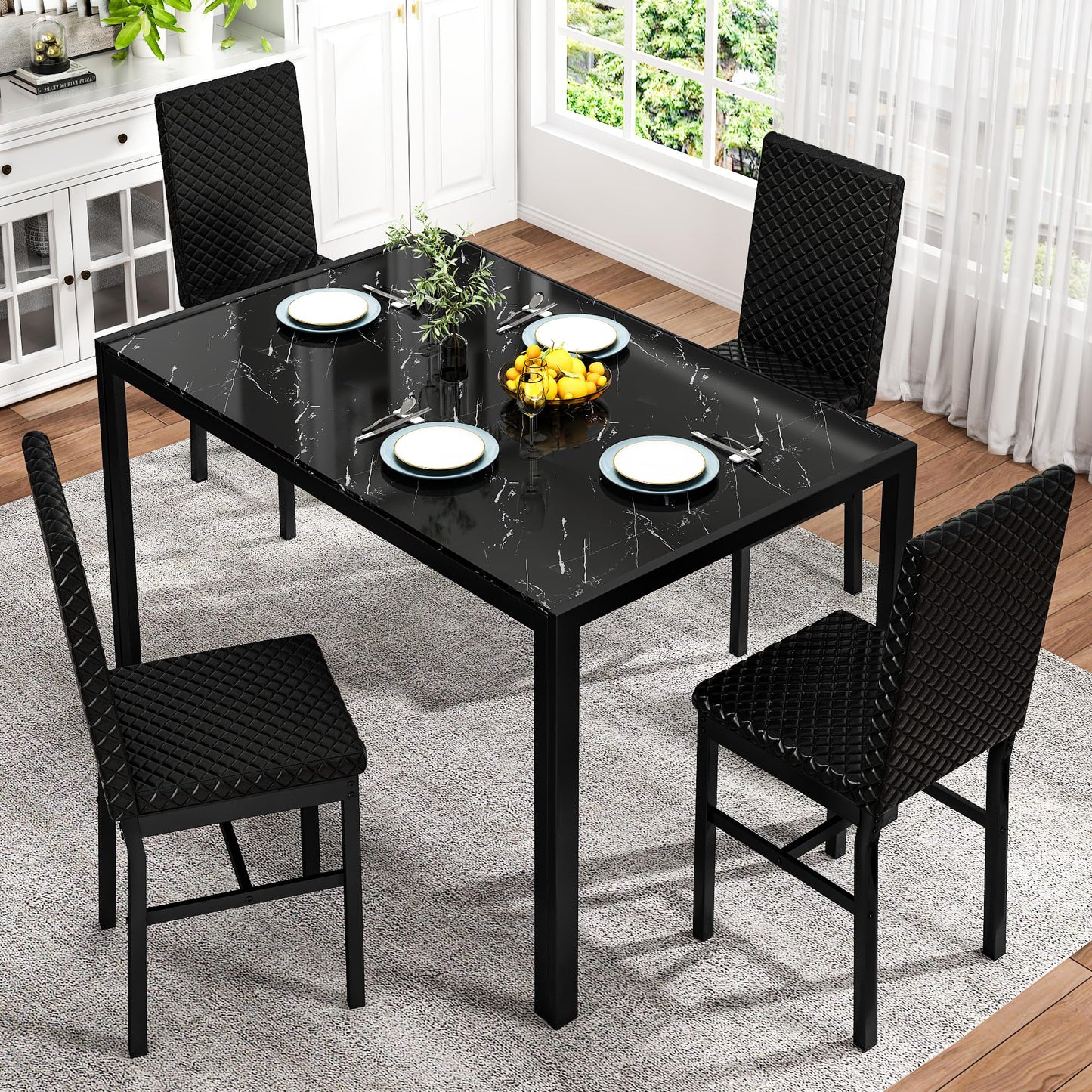 AWQM Glass Dining Table and Velvet Dining Chairs 4-Person Dining Table Set