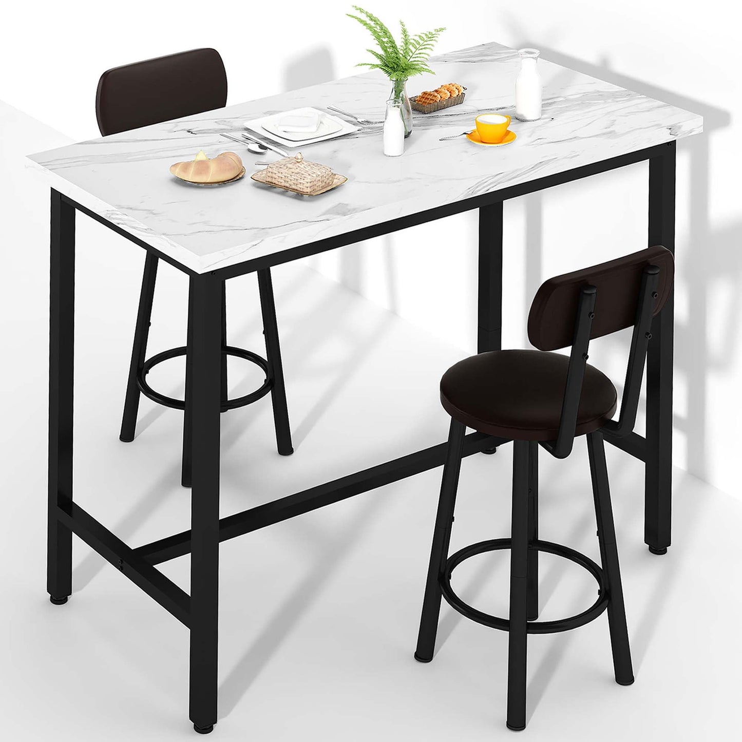 AWQM, 47-Inch Rectangular Kitchen Marble Table and Chair Set with PU Leather Stools
