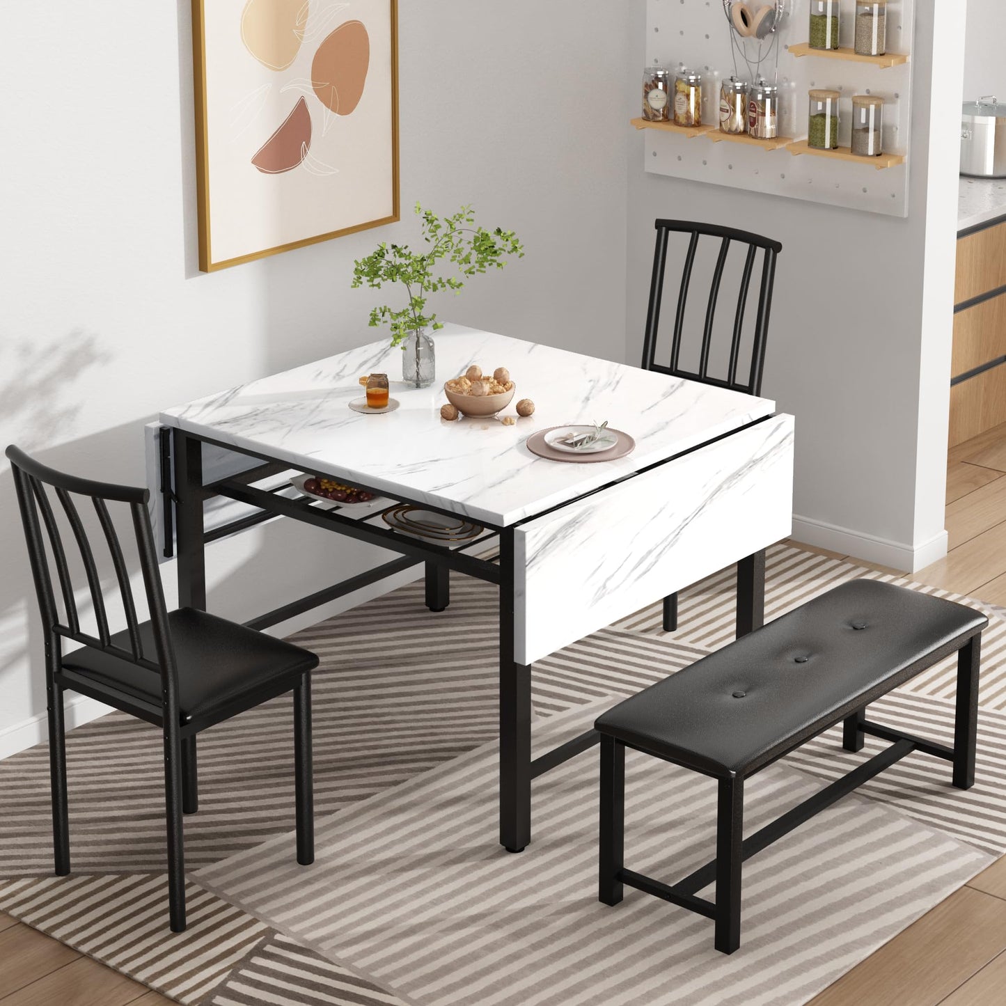 AWQM Industrial Wood 4-Piece Faux Wood Folding Leaf Dining Table Set with Storage Rack
