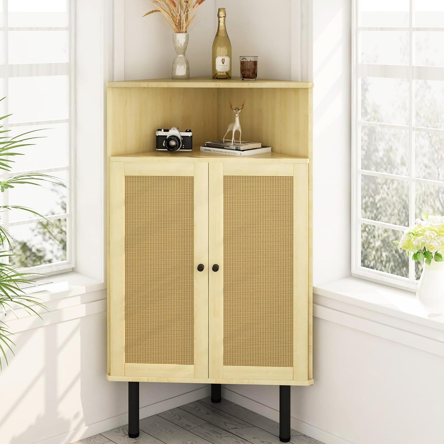 AWQM 4-Tier Corner Cabinet with Doors and Shelves, Rattan Freestanding Bar Storage