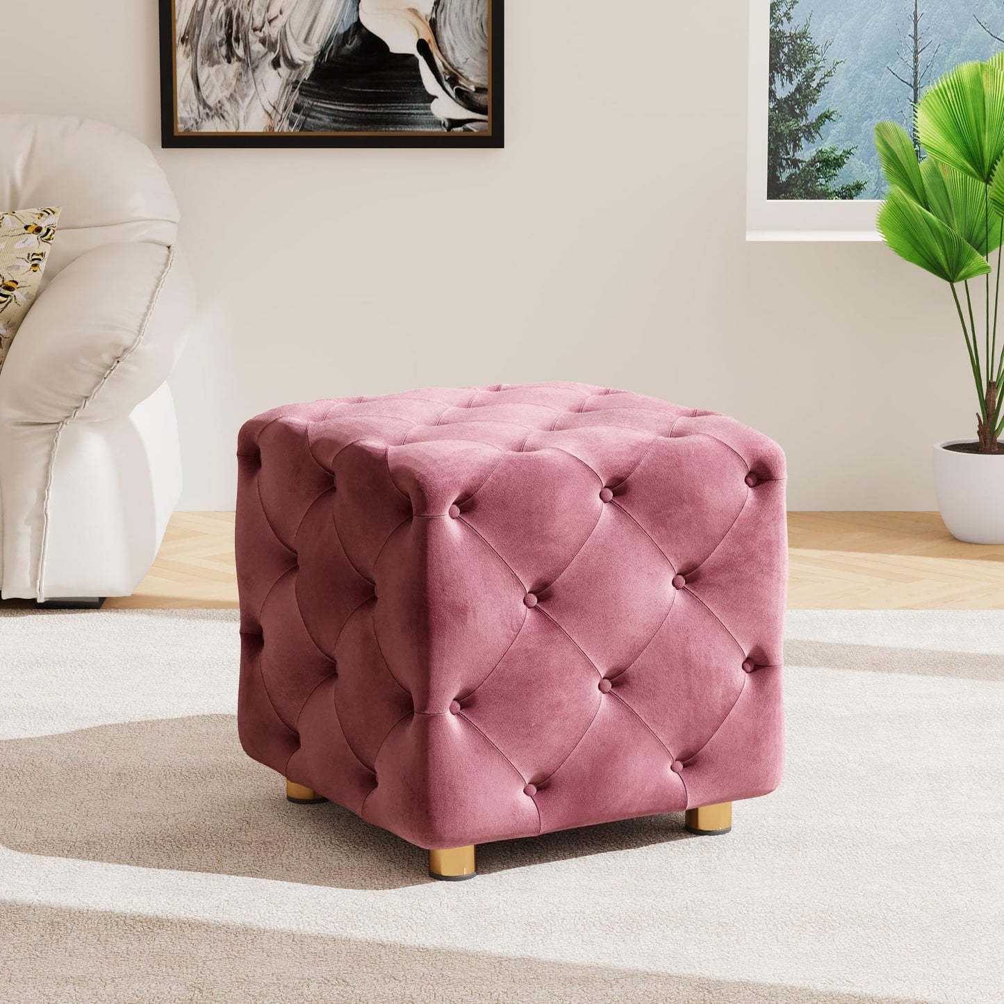 AWQM Small Velvet Ottoman, Modern Versatile Square Footstool with Metal Legs