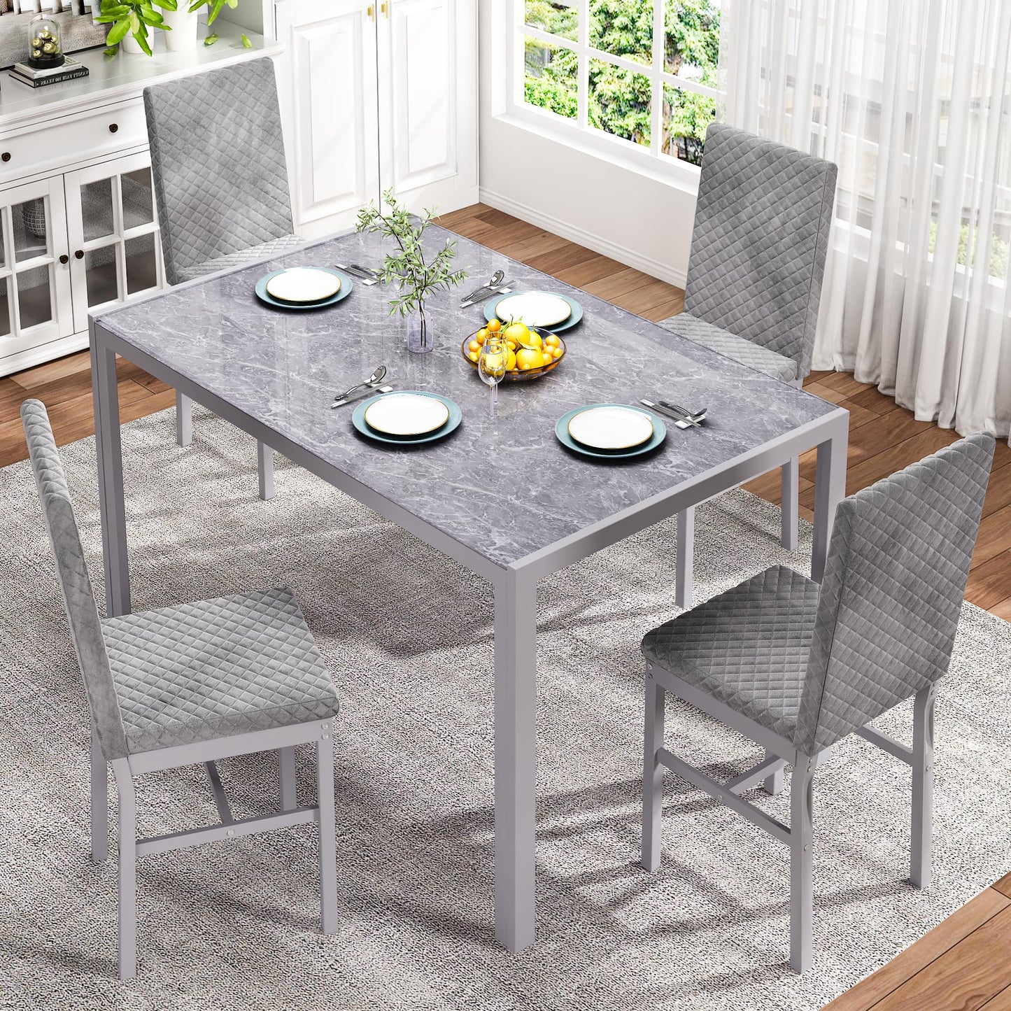 AWQM Glass Dining Table and Velvet Dining Chairs 4-Person Dining Table Set