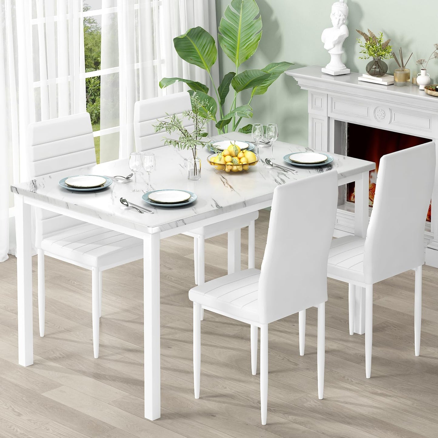 AWQM 5 Piece Set, Faux Marble 4 Person Dining Table and Chairs