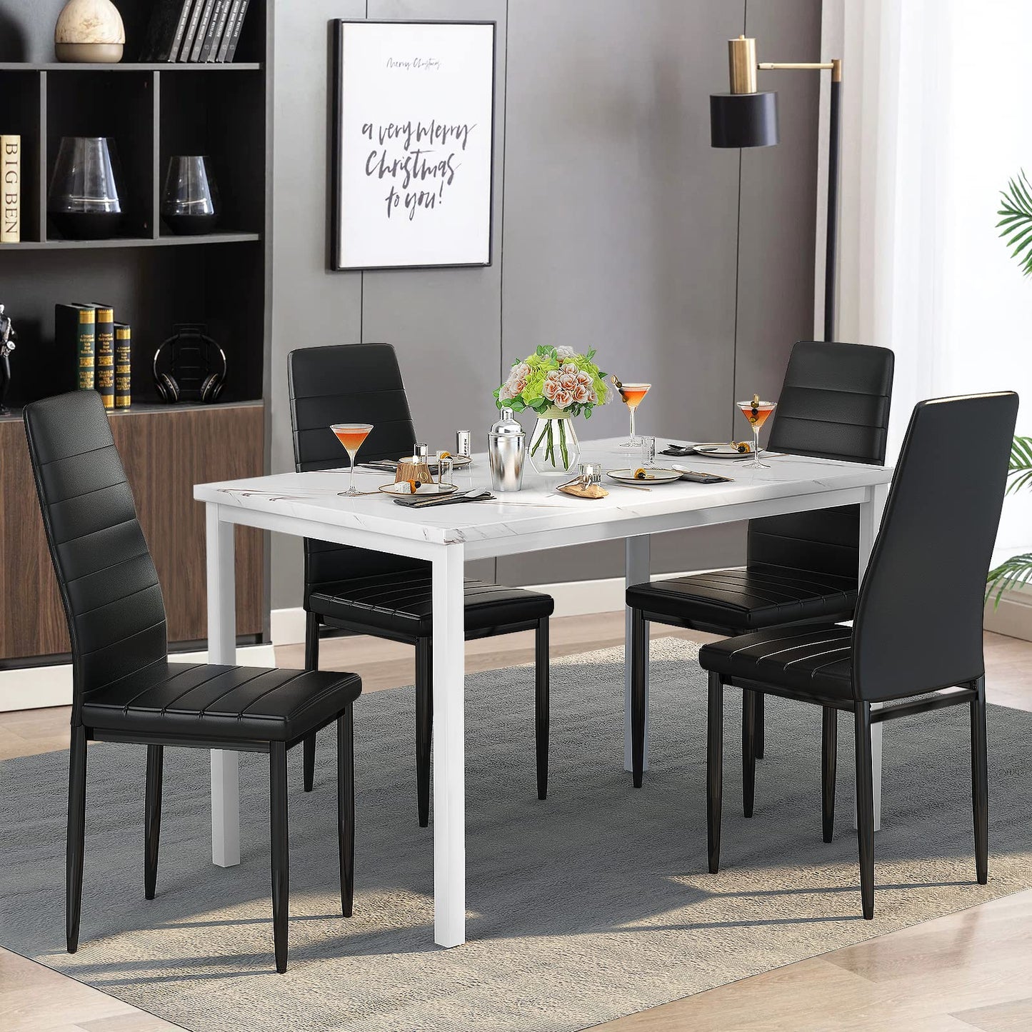 AWQM 5 Piece Set, Faux Marble 4 Person Dining Table and Chairs