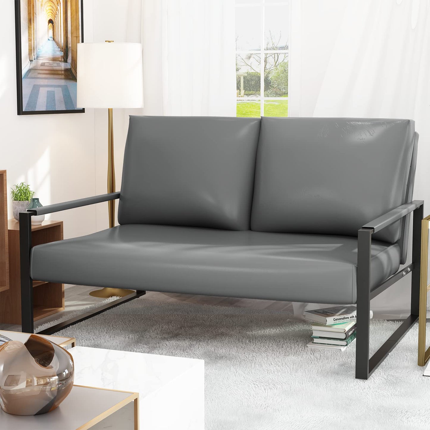 AWQM Mid-Century Modern Sectional Sofa, Upholstered Faux Leather Loveseat