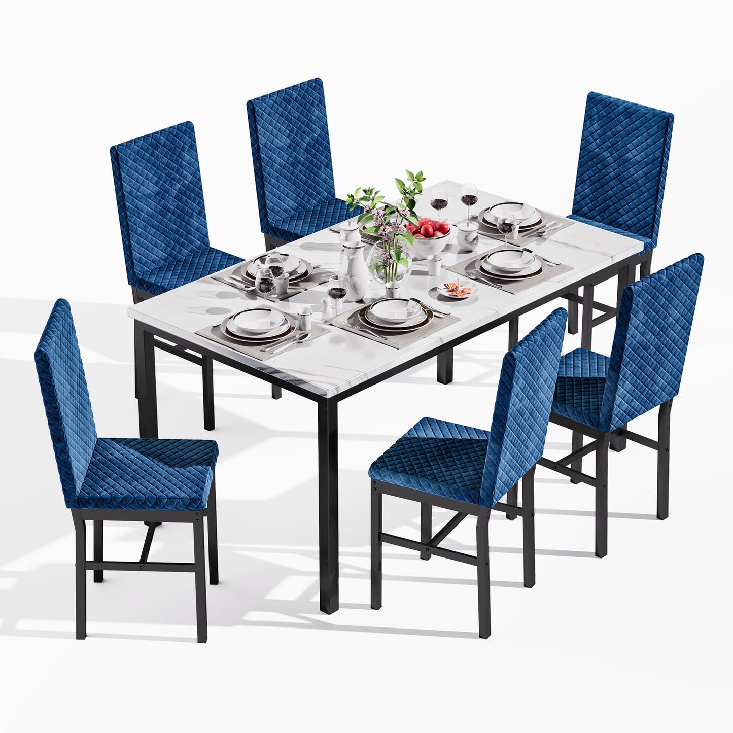 AWQM Modern Marble Kitchen Dining Table and Chairs 6 Person Dining Velvet Stools