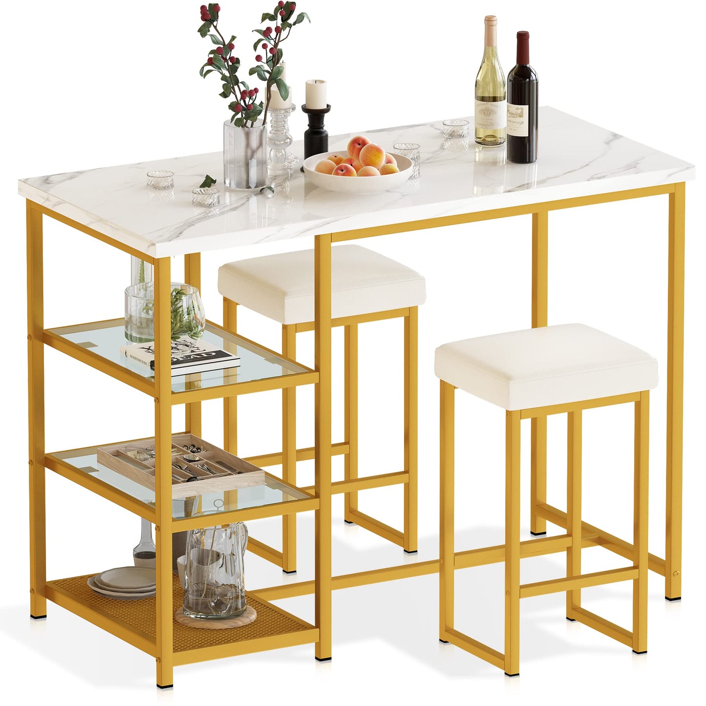 AWQM Marble Kitchen Island Bar 3 Piece Dining Table Set for 2 with 2 Velvet Stools
