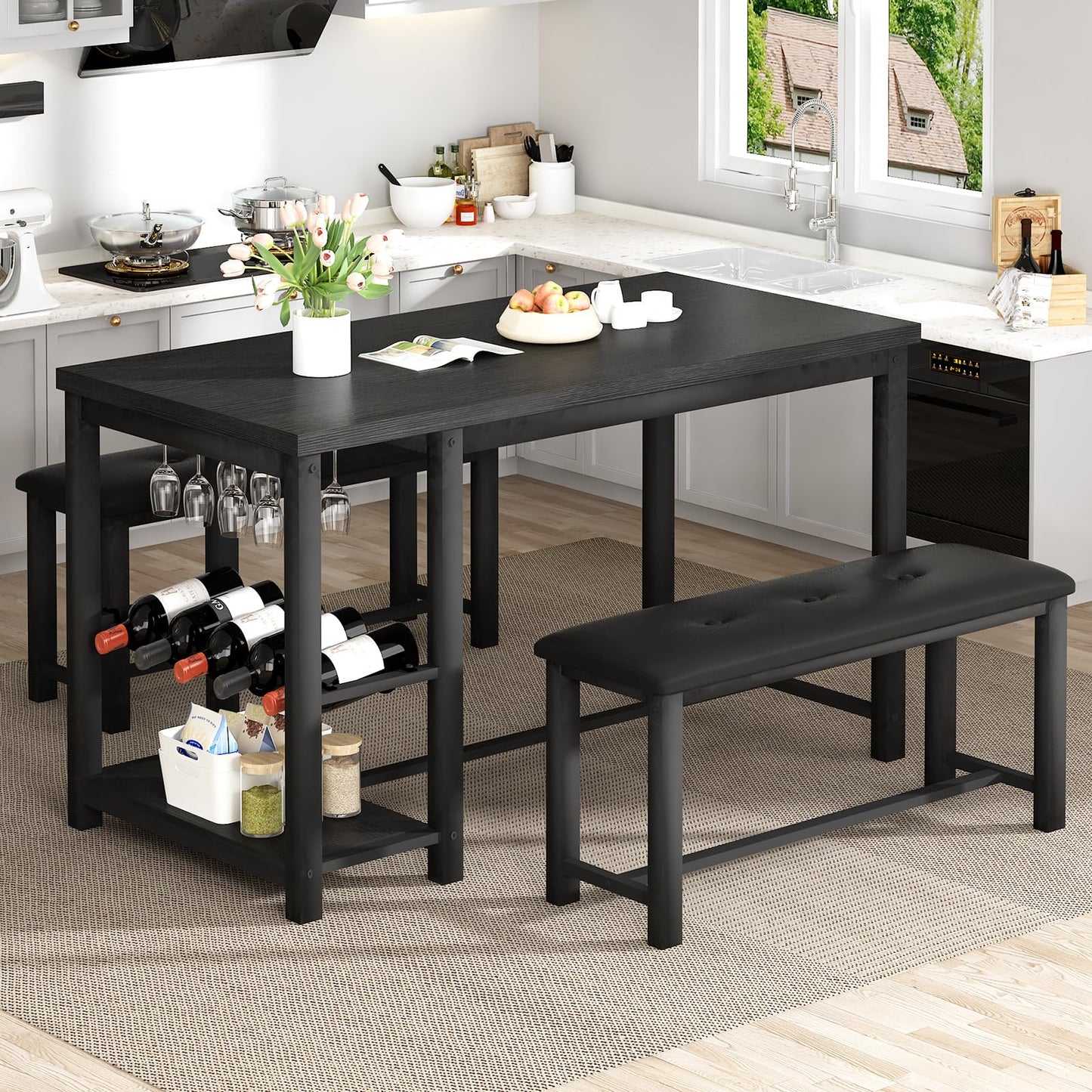 AWQM Marble Dining Table Set for 2-4 with Wine Rack, Storage Shelves