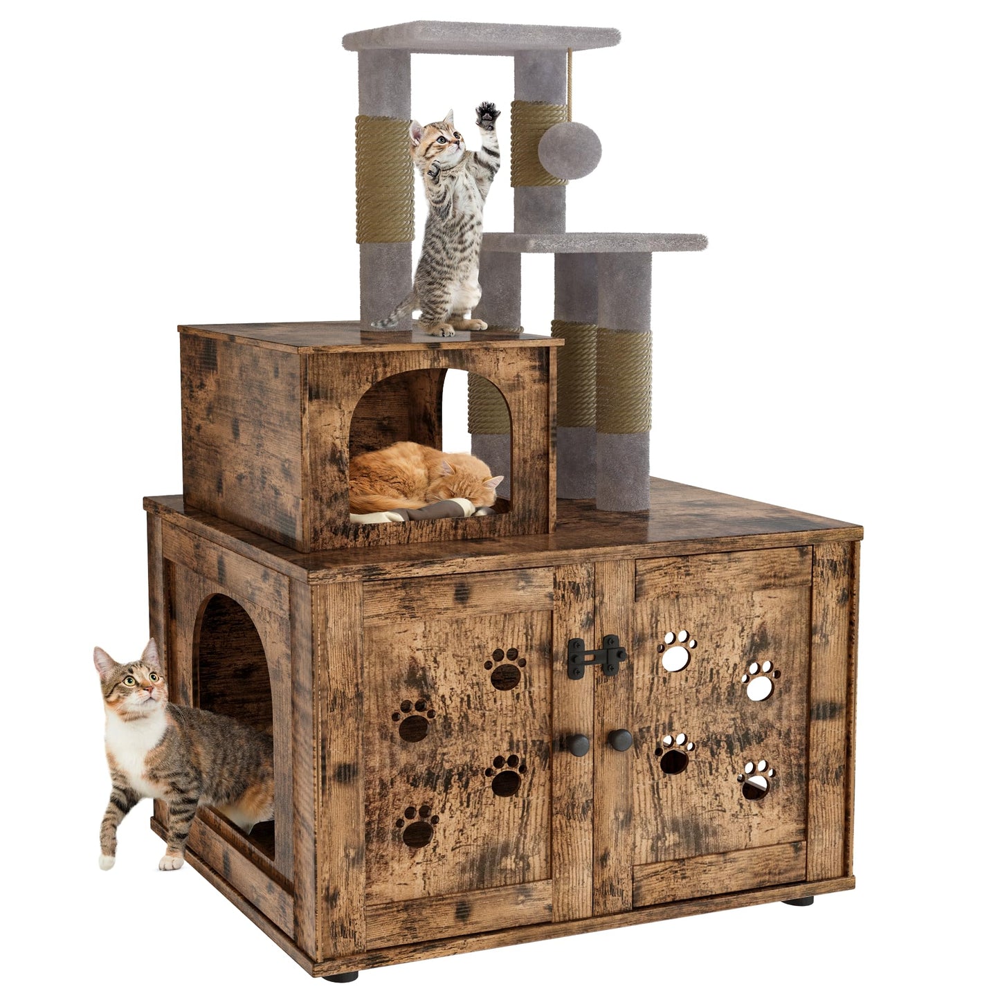 AWQM Cat Tree with Litter Box Enclosure, Bulkhead Concealed Litter Box