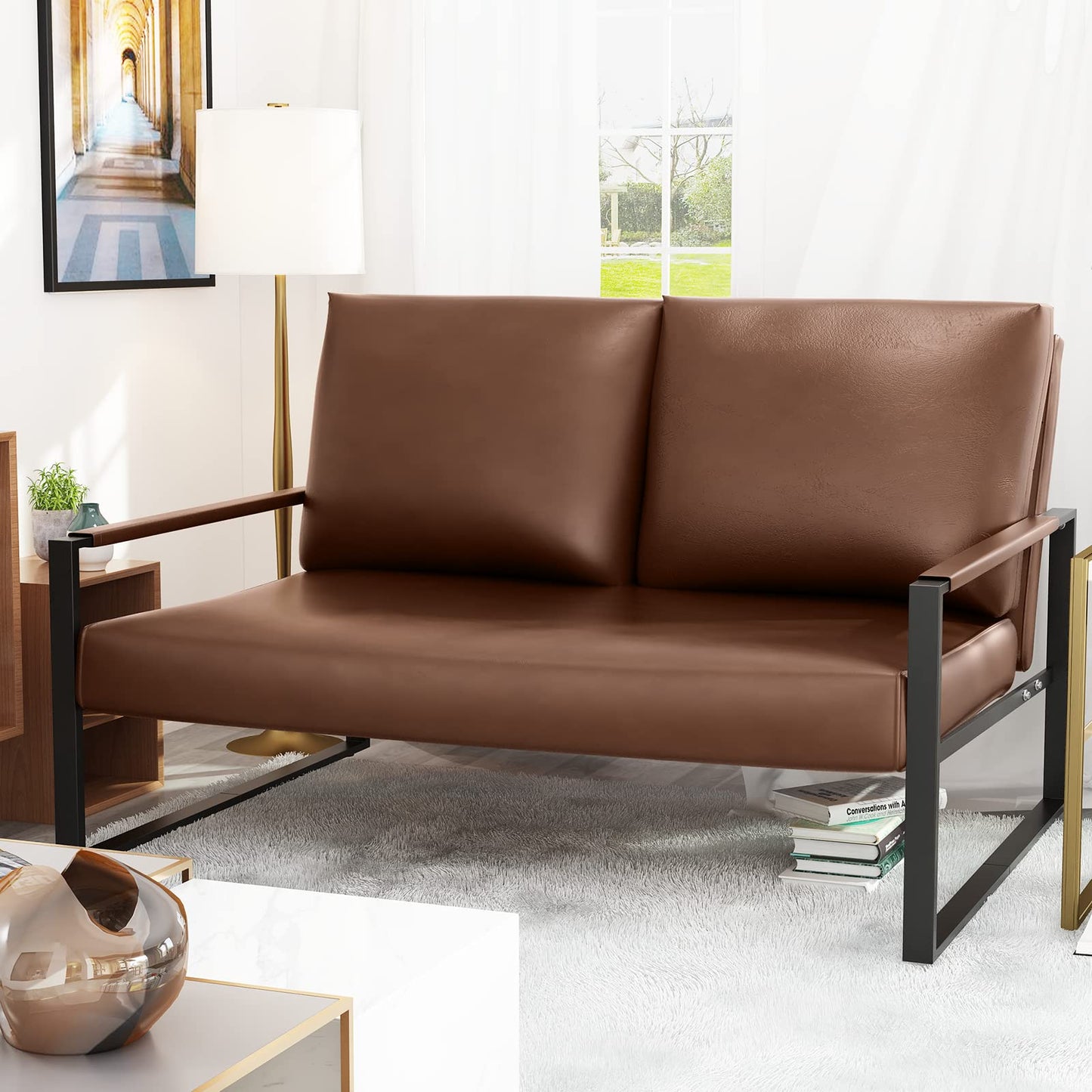 AWQM Mid-Century Modern Sectional Sofa, Upholstered Faux Leather Loveseat